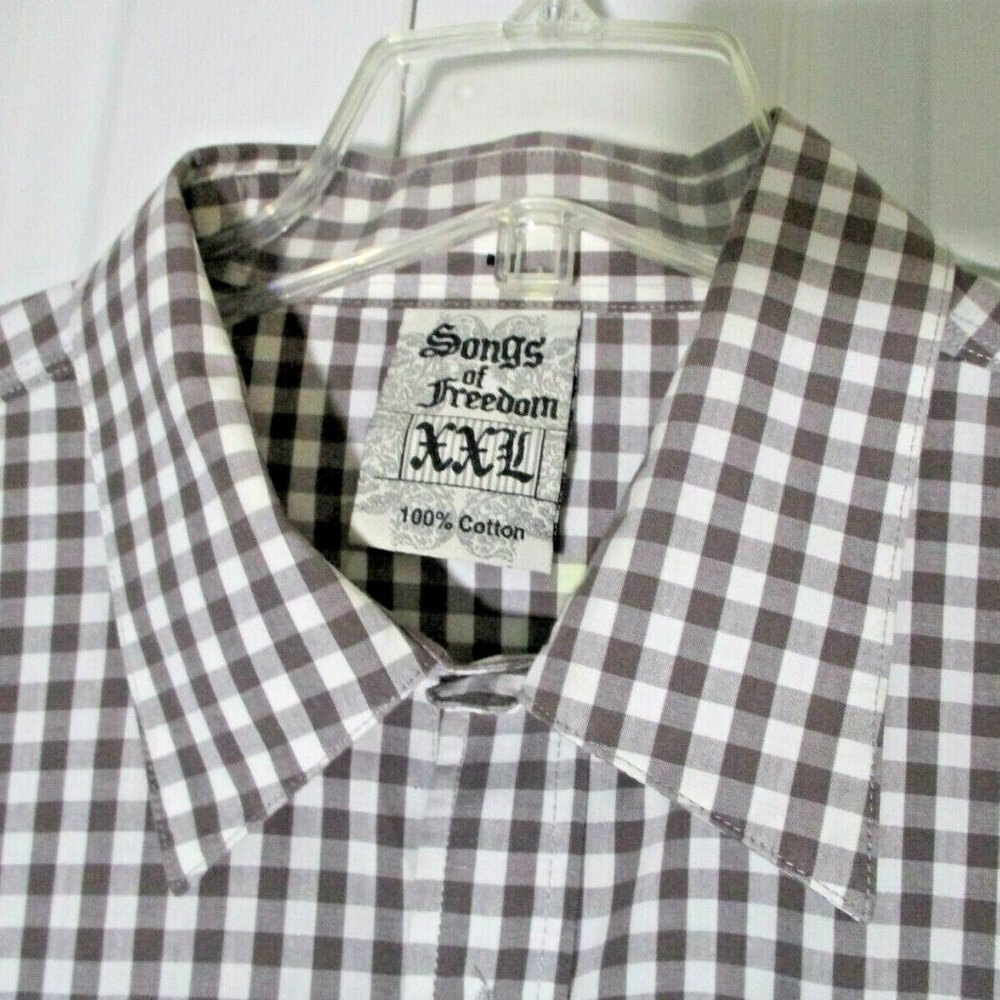 Mens Gingham Casual Button Front Shirt sz XXL Brown White Freedom Hope - Picture 2 of 12